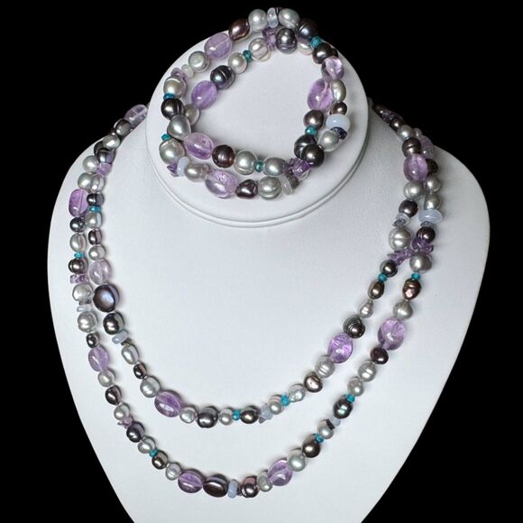 Honora 40 in Pearl & Amethyst Gemstone Necklace and Bracelets, Black, Silver - Picture 4 of 13
